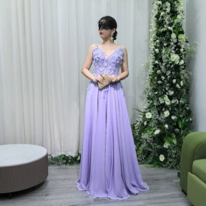 Lavender purple 3D floral lace evening gown with spaghetti straps, luxury formal dress for prom wedding