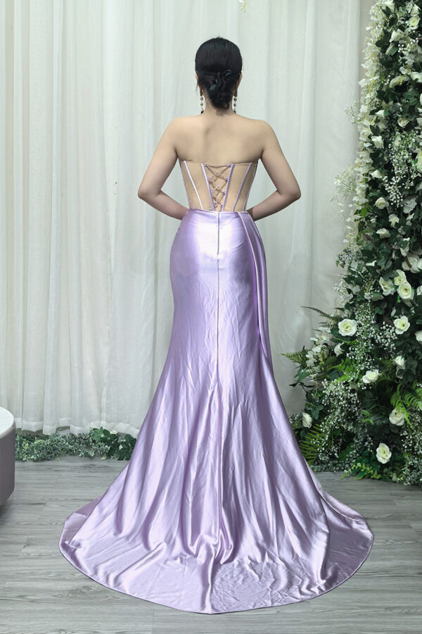 lavender satin formal dress with sweetheart neckline and mermaid silhouette