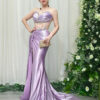 lavender satin formal gown with beaded sweetheart bodice and mermaid train