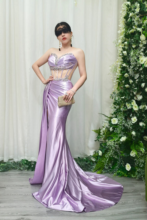 lavender satin formal gown with beaded sweetheart bodice and mermaid train