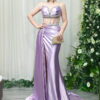 lavender satin mermaid evening gown with beaded sweetheart bodice and sheer corset waist