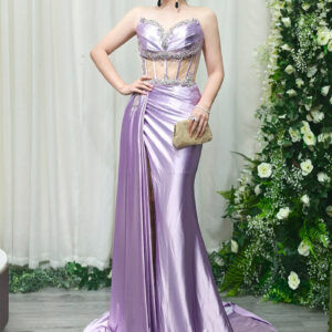 lavender satin mermaid evening gown with beaded sweetheart bodice and sheer corset waist