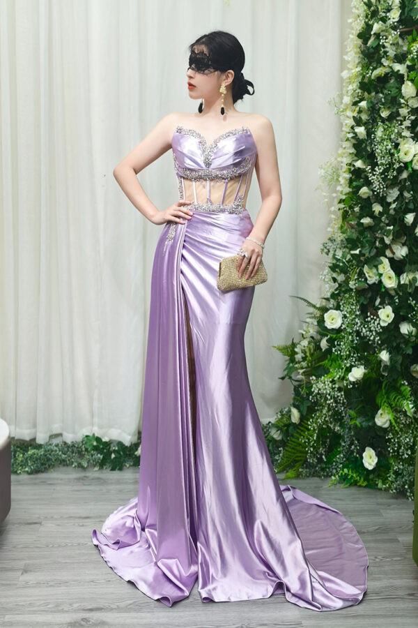 lavender satin mermaid evening gown with beaded sweetheart bodice and sheer corset waist