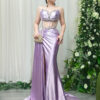 lavender satin mermaid prom dress with beaded sheer corset and train