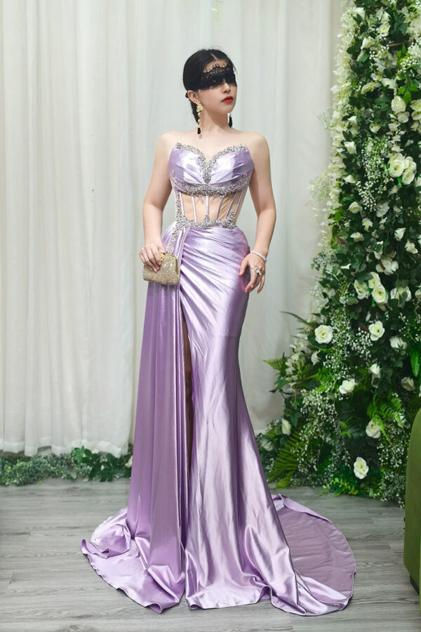 lavender satin mermaid prom dress with beaded sheer corset and train