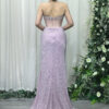 lavender sequin formal gown with beaded corset bodice and side slit