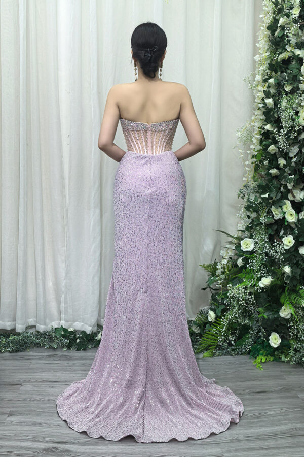 lavender sequin formal gown with beaded corset bodice and side slit
