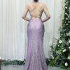 lavender sequin formal gown with beaded sheer bodice and mermaid train