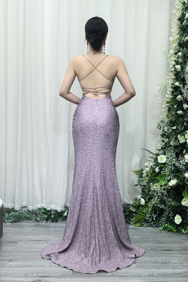 lavender sequin formal gown with beaded sheer bodice and mermaid train