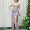 lavender sequin mermaid prom dress with beaded sheer bodice and train