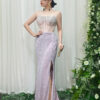 lavender sequin mermaid prom dress with beaded sheer corset and train