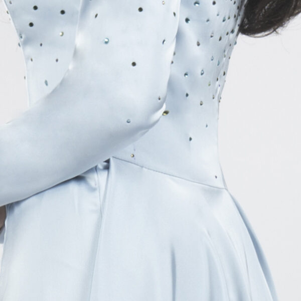 Light blue off-shoulder mermaid dress with beaded bodice, long sleeves, and satin train