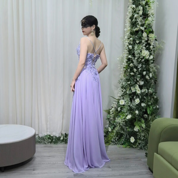 Light purple lace wedding guest gown with V-neck straps, elegant A-line formal dress for women