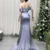 Luxury dusty blue corset mermaid gown with off-the-shoulder sleeves and high slit.