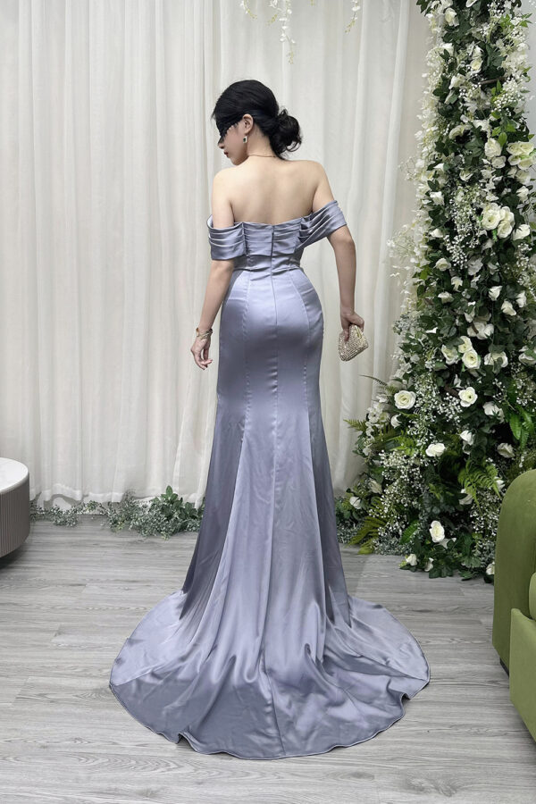Luxury dusty blue corset mermaid gown with off-the-shoulder sleeves and high slit.