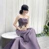 Luxury lavender satin mermaid gown with strapless lace corset bodice and trailing train.