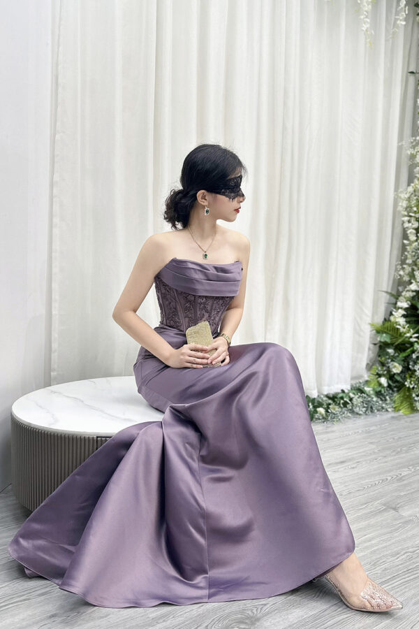 Luxury lavender satin mermaid gown with strapless lace corset bodice and trailing train.