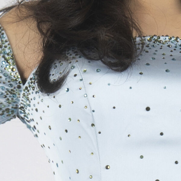 Luxury light blue off-the-shoulder gown with beaded bodice, long sleeves, mermaid skirt, and train