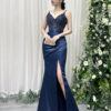 Luxury navy blue mermaid gown with beaded sheer corset bodice and satin skirt with high slit.