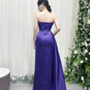 Luxury purple satin mermaid gown with strapless sweetheart neckline, ruched bodice, and dramatic high slit.