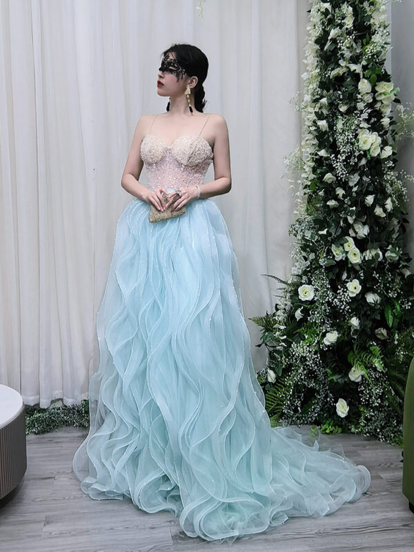 Mint green tulle evening gown with beaded bodice, luxury fairy tale dress for prom wedding