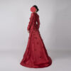 Modest Red Satin Evening Gown with Floral Details and Cape