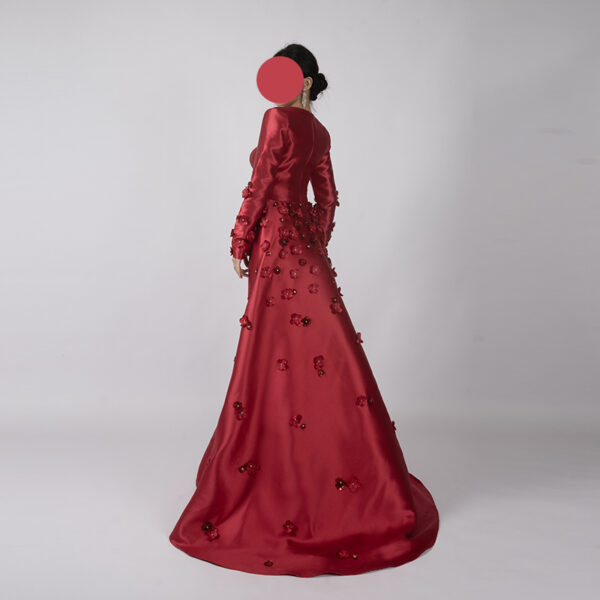 Modest Red Satin Evening Gown with Floral Details and Cape