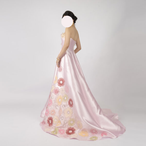Luxe pink satin strapless evening gown with colorful floral appliqué and beaded accents, floor-length A-line formal dress for special occasions