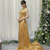 Opulent gold metallic pleated gown with deep plunge neckline, high side slit, and floor-sweeping train.