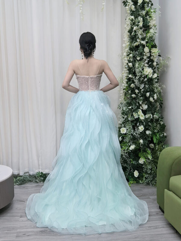 Pale blue sequin mermaid gown with wave ruffle skirt, luxury formal dress for gala