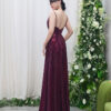 Plum sequin prom dress with V-neck straps, elegant A-line formal gown for wedding guest
