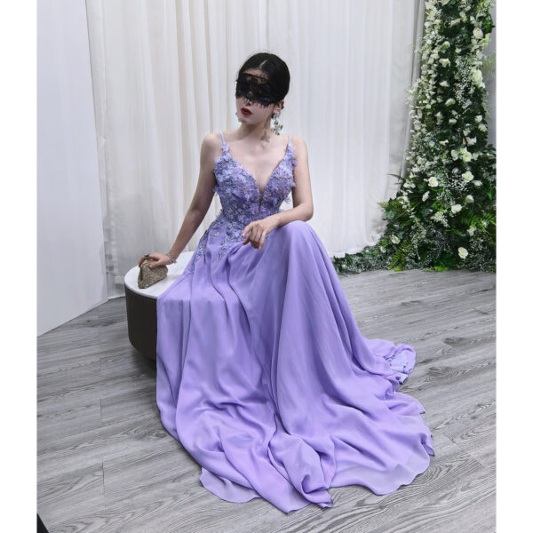 Purple masquerade evening gown with floral lace, elegant formal dress for women