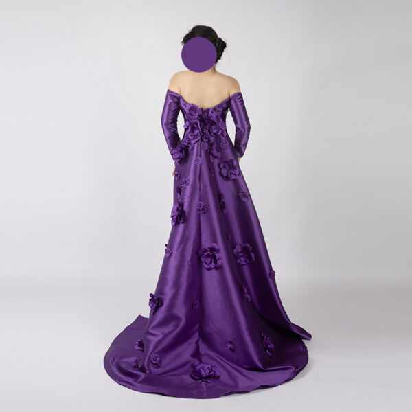 Purple Satin Mermaid Gown with Handcrafted 3D Floral Appliqués and Off-Shoulder Neckline