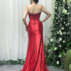 red beaded corset evening gown with satin mermaid skirt and train