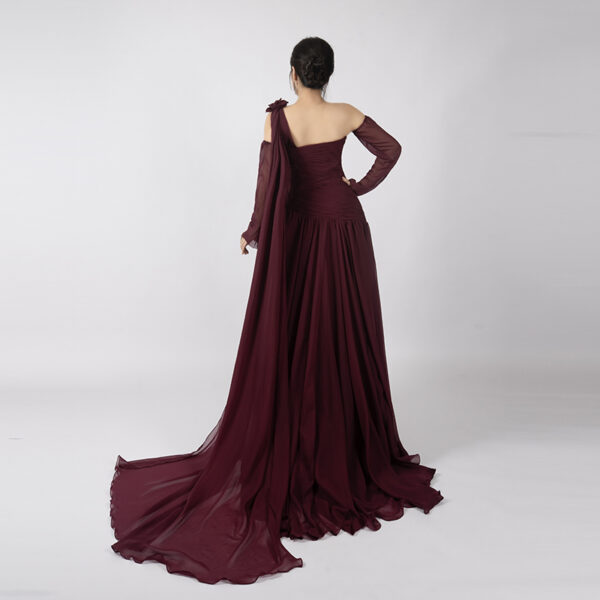 Dramatic Burgundy Chiffon One-Shoulder Gown with 3D Florals and Sheer Sleeves