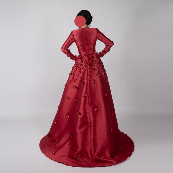 Red Satin Mermaid Gown with Handcrafted 3D Floral Appliqués and Cape Detail