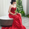 red satin formal dress with sweetheart neckline and mermaid silhouette