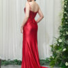 red satin formal gown with beaded sweetheart bodice and mermaid train