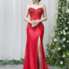 red satin mermaid prom dress with beaded corset bodice and train