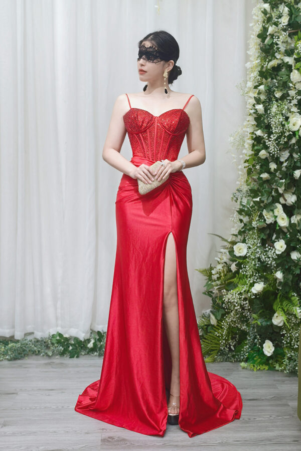 red satin mermaid prom dress with beaded corset bodice and train