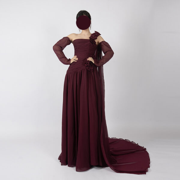 Burgundy Chiffon One-Shoulder Gown with 3D Floral Appliqués and Sheer Long Sleeves
