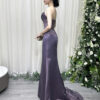 Romantic lavender strapless evening dress with lace corset bodice and floor-length satin train.