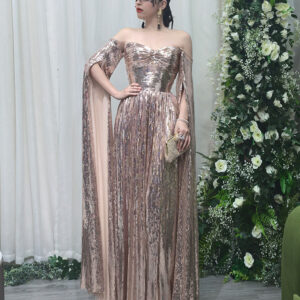 Rose gold sequin off-the-shoulder evening gown with detachable chiffon cape sleeves, luxury formal dress for gala