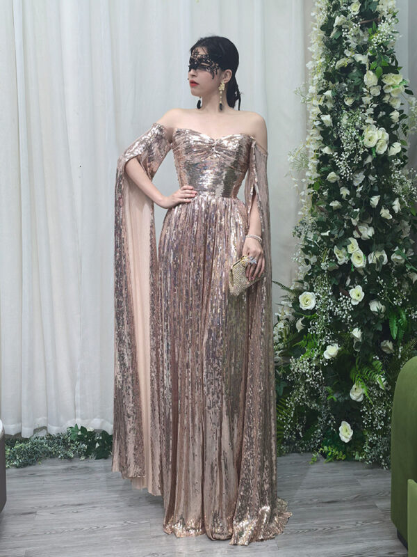 Rose gold sequin off-the-shoulder evening gown with detachable chiffon cape sleeves, luxury formal dress for gala