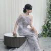 sliver beaded one-shoulder evening gown with sequin mermaid skirt and train