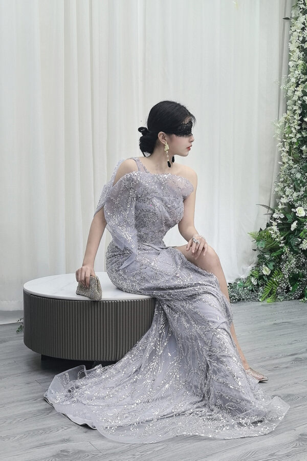 sliver beaded one-shoulder evening gown with sequin mermaid skirt and train