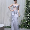 Silver grey satin mermaid evening gown with sheer corset bodice, luxury formal dress for gala red carpe