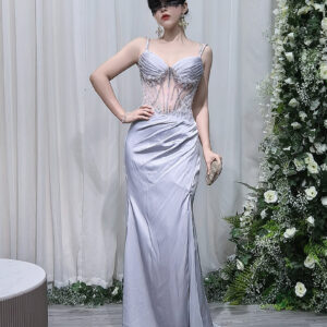 Silver grey satin mermaid evening gown with sheer corset bodice, luxury formal dress for gala red carpe