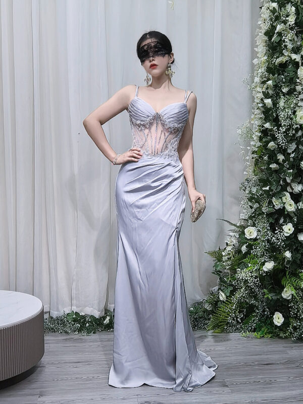 Silver grey satin mermaid evening gown with sheer corset bodice, luxury formal dress for gala red carpe