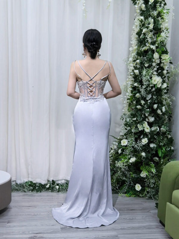 Silver grey satin evening gown for women, luxury formal dress for Saudi wedding guest